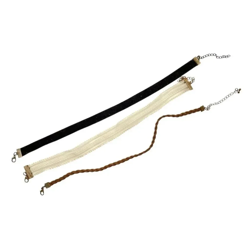 Set of Three Choker Necklaces in Black, Cream, and Brown